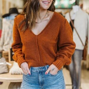 Free People V-Neck Sweater in Warm Rust